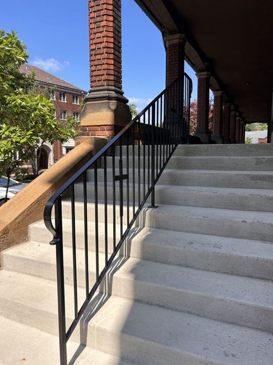 Black powder-coated railing with decorative picket at Carlow University